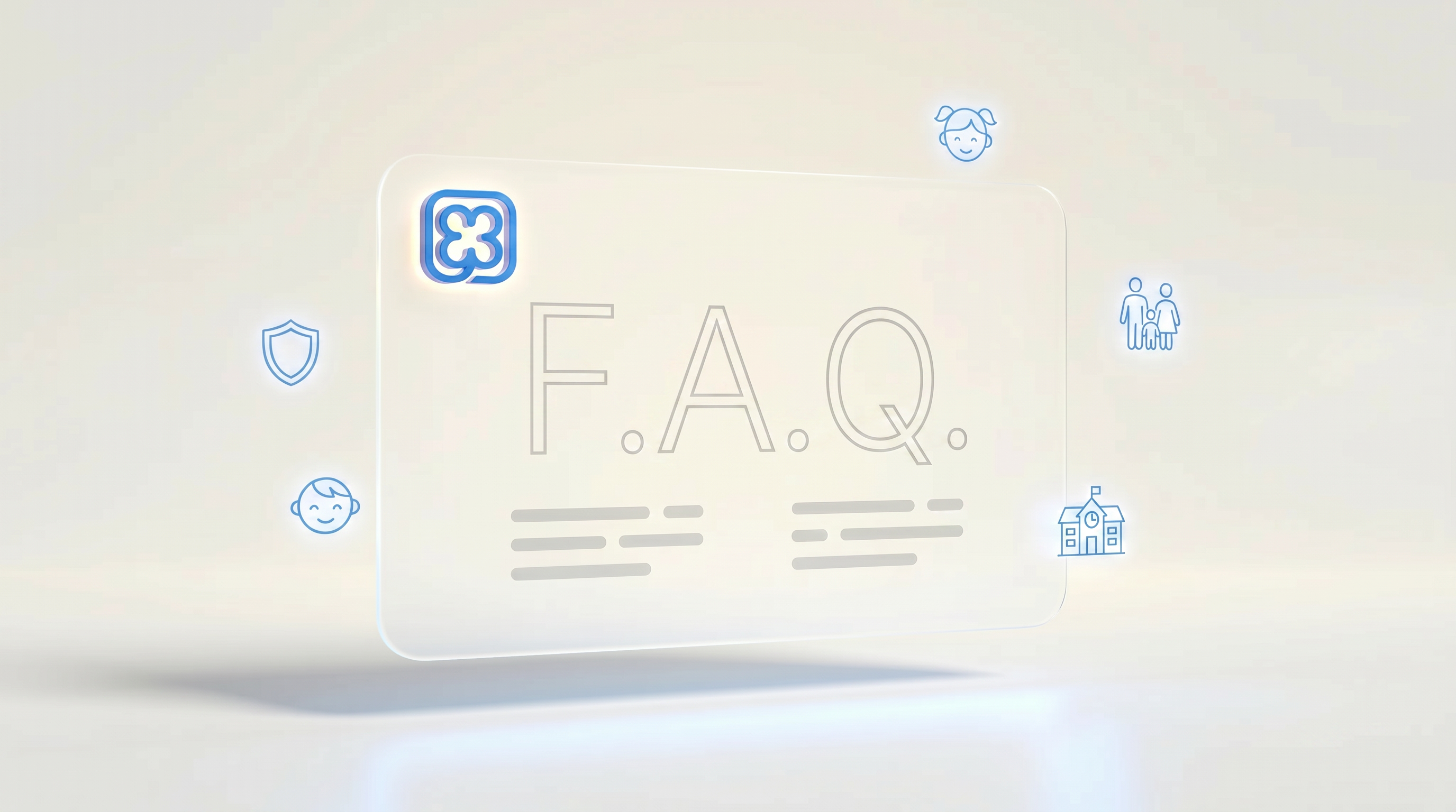 F.A.Q.-Karte mit Symbolen für Familien, Kinder, Sicherheit und Schule.