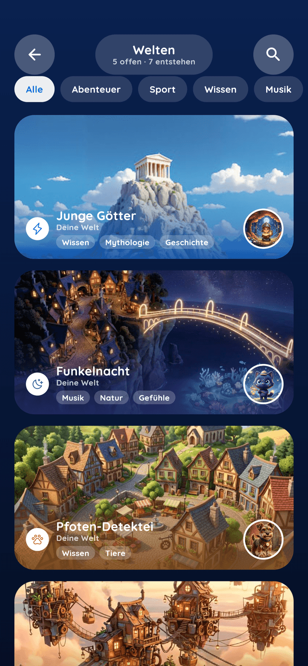 Kiluni-App auf dem Handy: Übersicht der Themenwelten mit Karten für Junge Götter, Funkelnacht und Pfoten-Detektei.