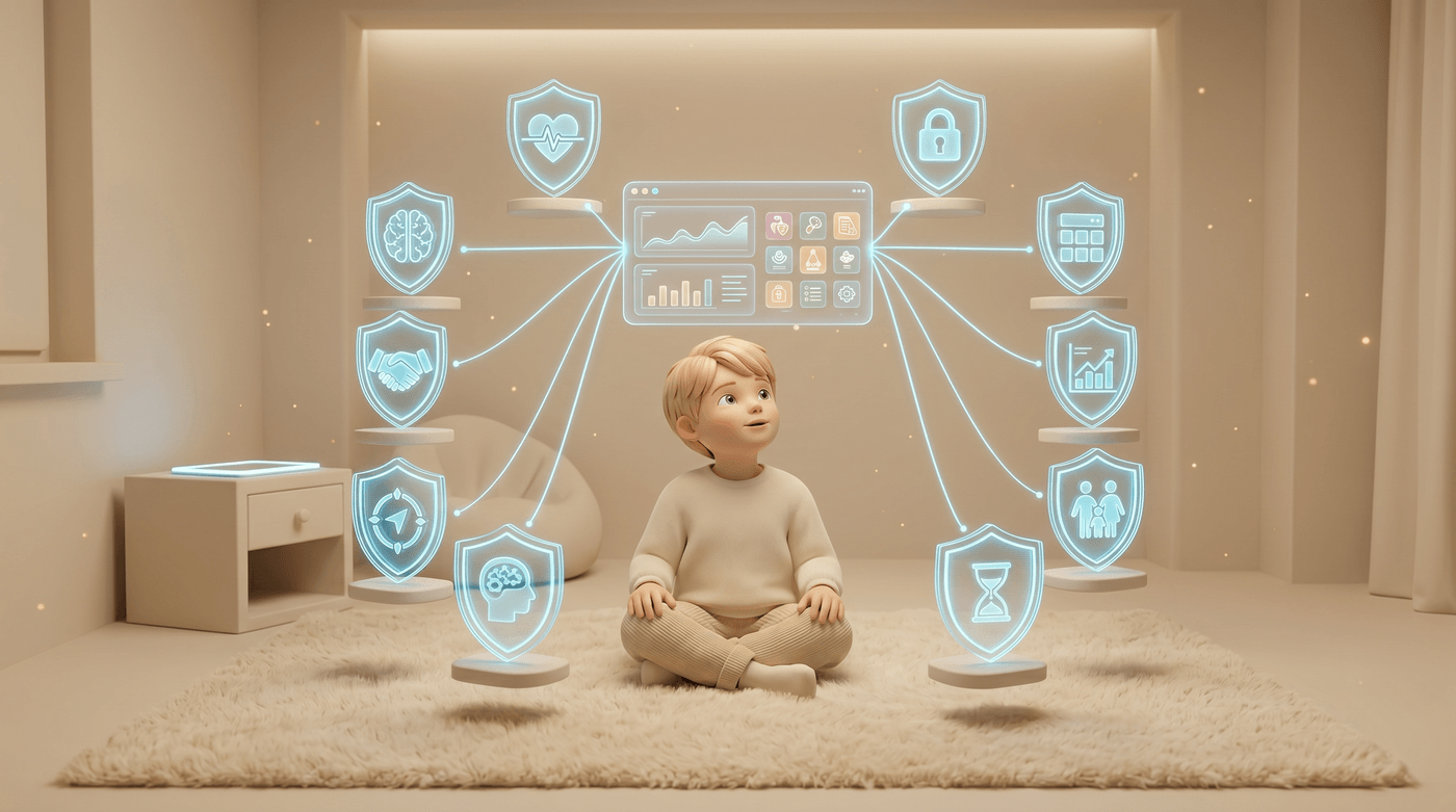 Kind sitzt ruhig vor einer Plattform-Oberfläche, umgeben von Schutzschild-Symbolen für Gesundheit, Datenschutz, Wissen, Familie und Zeit-Limits – sinnbildlich für abgesicherte KI für Kinder.