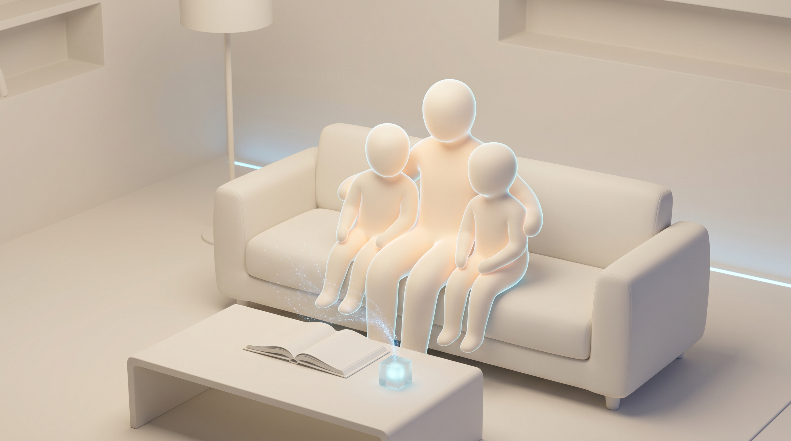 Familie auf dem Sofa mit aufgeschlagenem Buch und leuchtendem KI-Würfel auf dem Couchtisch – Stunden, die zählen.
