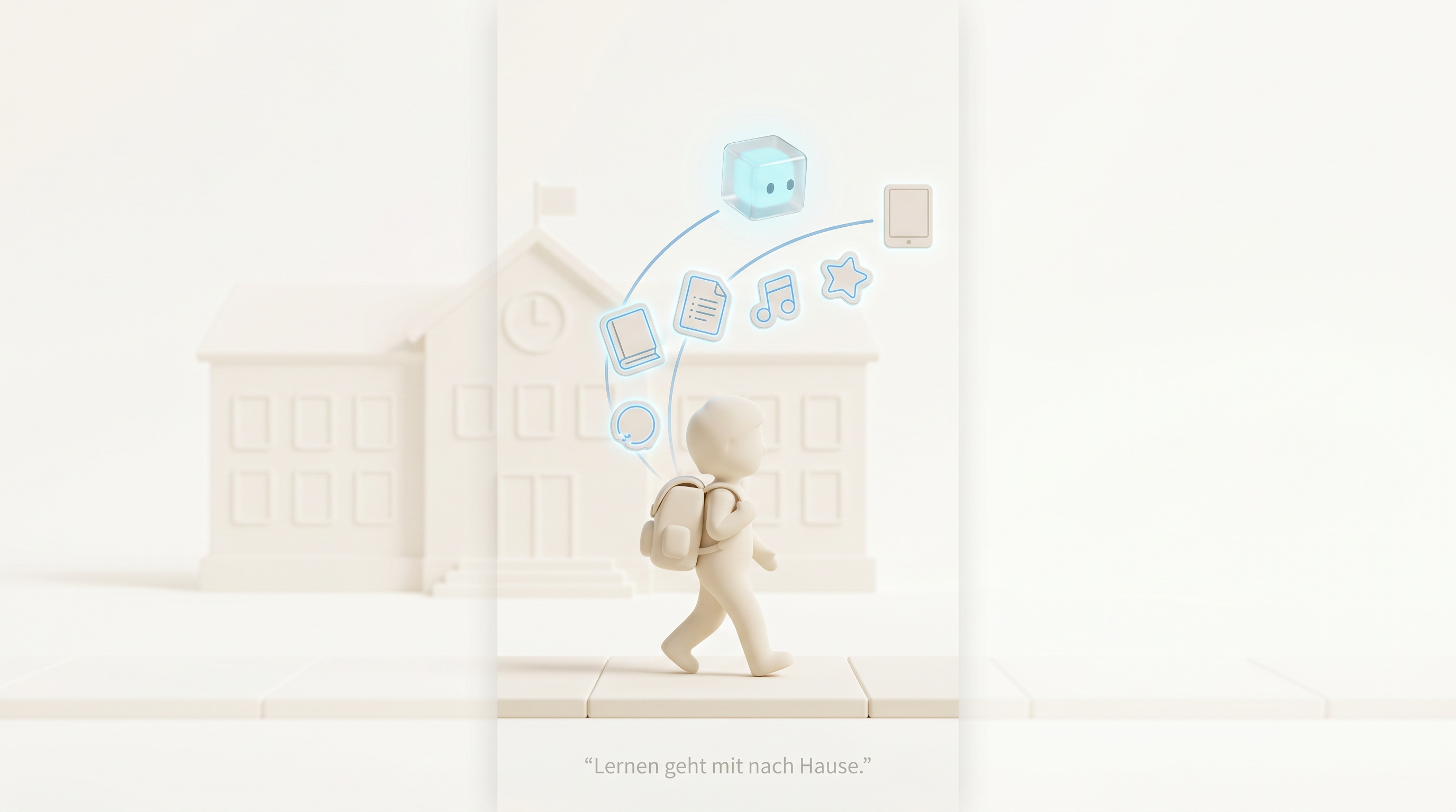 Kind mit Schulranzen vor einem Schulgebäude, Wissens-Icons schweben mit – „Lernen geht mit nach Hause.“